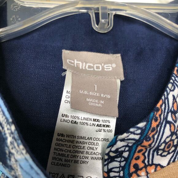 Chico's Wms 1/Med Blue Print 100% Linen Snap Front Jacket Reversible Boho Artsy - Picture 4 of 11